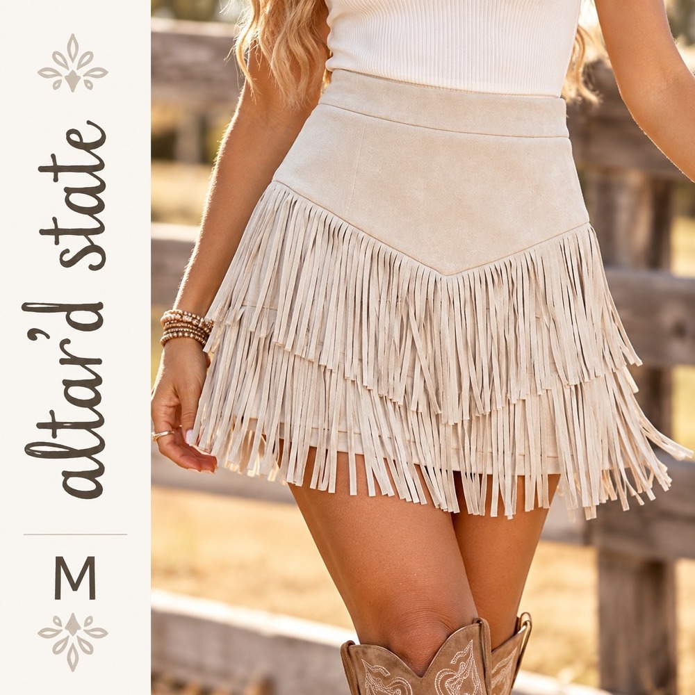 Altar'd State Fringe Mini Skirt Womens M Cream Faux Suede Western Cowgirl Boho